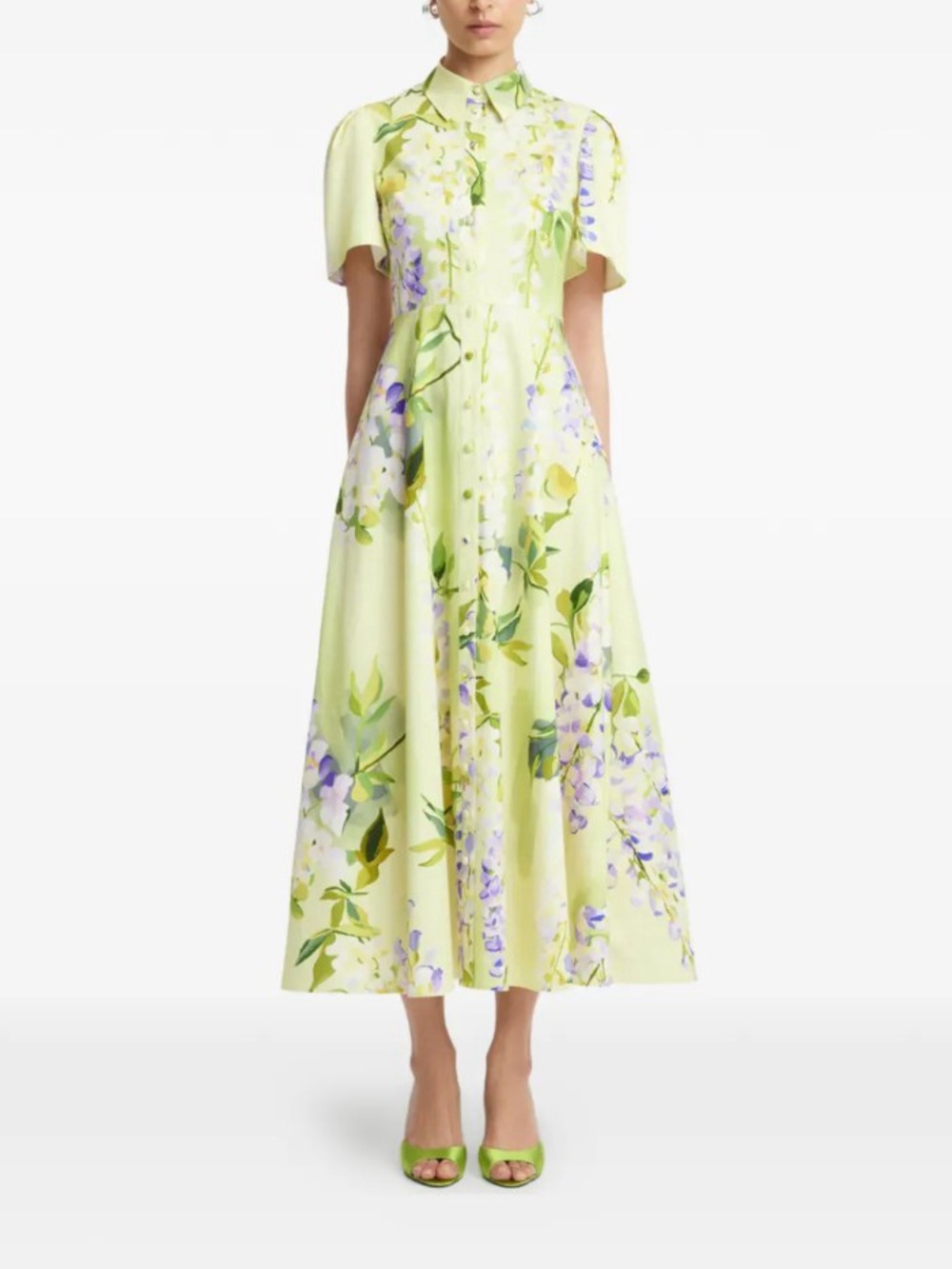 LEO LIN Bianca 100% Cotton Wisteria Botanical Floral Button Shirt Midi Dress
